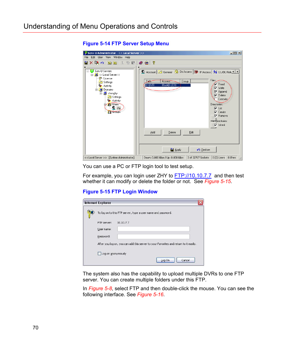 Figure 5-14 ftp server setup menu, Figure 5-15 ftp login window, Understanding of menu operations and controls | Honeywell HD-16DVR-C User Manual | Page 86 / 169