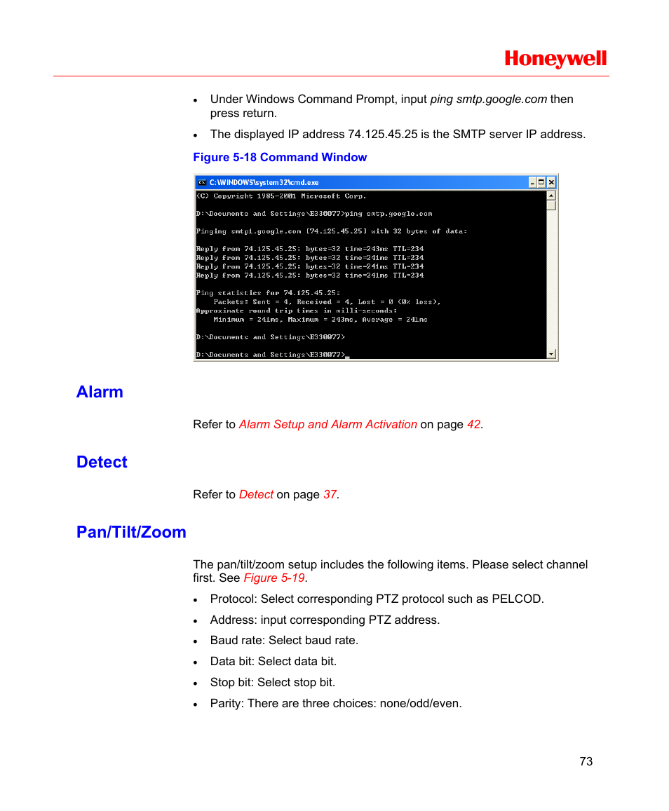 Alarm, Detect, Pan/tilt/zoom | Figure 5-18 command window, Honeywell | Honeywell HD-16DVR-C User Manual | Page 89 / 169