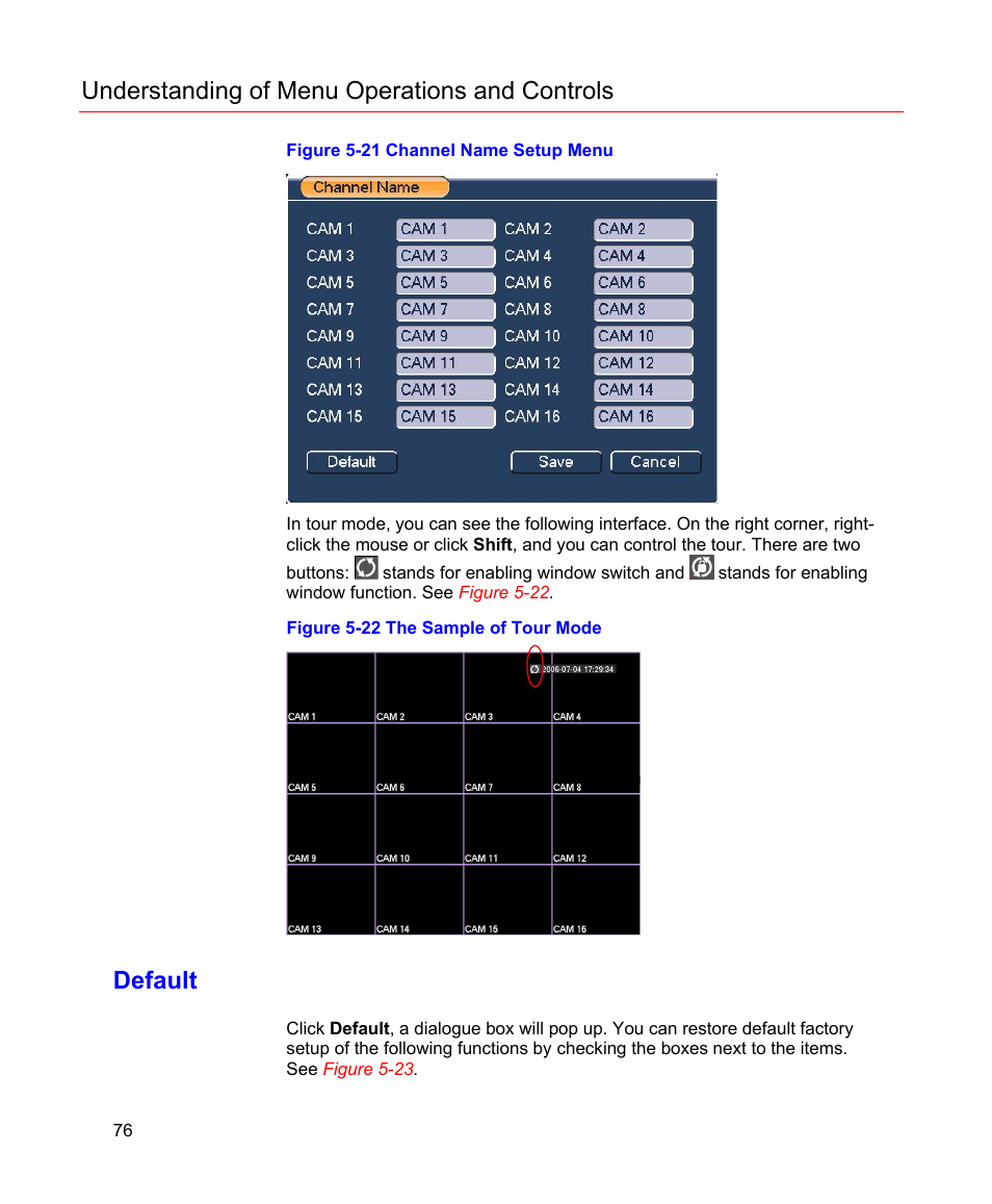 Default, Figure 5-21 channel name setup menu, Figure 5-22 the sample of tour mode | Figure 5-21, Understanding of menu operations and controls | Honeywell HD-16DVR-C User Manual | Page 92 / 169