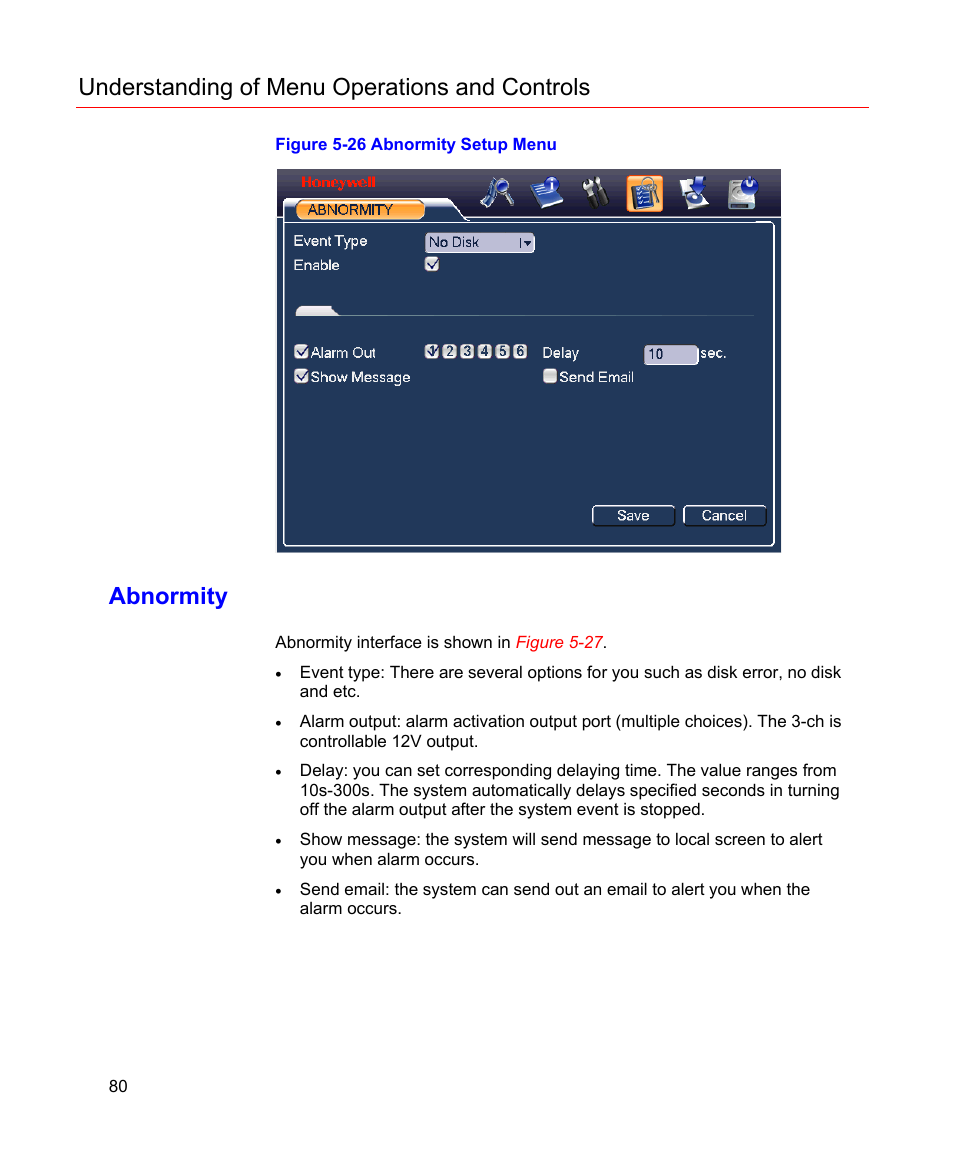 Abnormity, Figure 5-26 abnormity setup menu, Ws. see | Figure 5-26, R to, Understanding of menu operations and controls | Honeywell HD-16DVR-C User Manual | Page 96 / 169