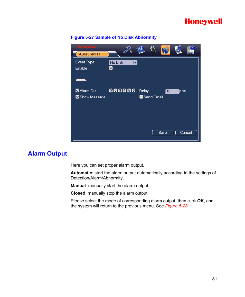 Alarm output, Figure 5-27 sample of no disk abnormity, Honeywell | Honeywell HD-16DVR-C User Manual | Page 97 / 169