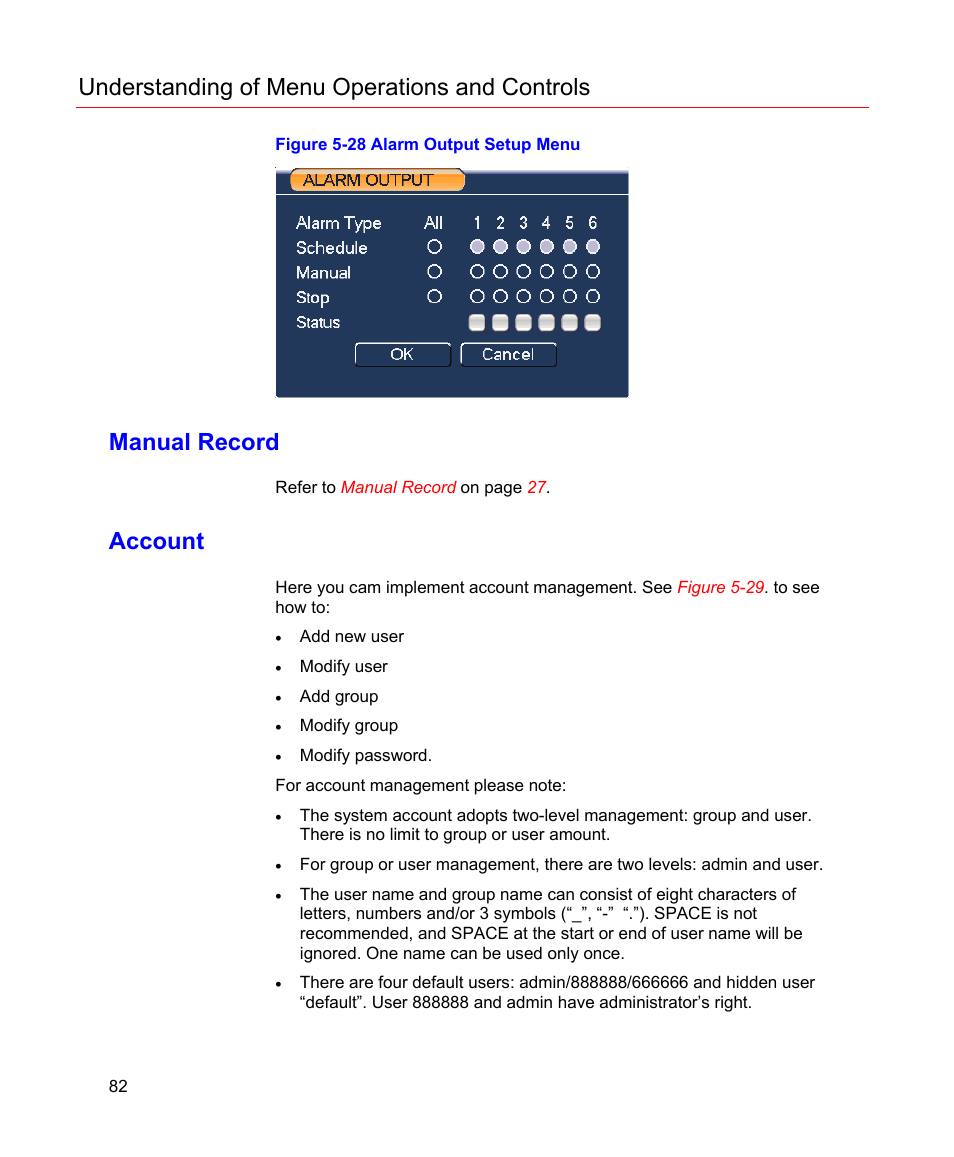 Manual record, Account, Figure 5-28 alarm output setup menu | Understanding of menu operations and controls | Honeywell HD-16DVR-C User Manual | Page 98 / 169