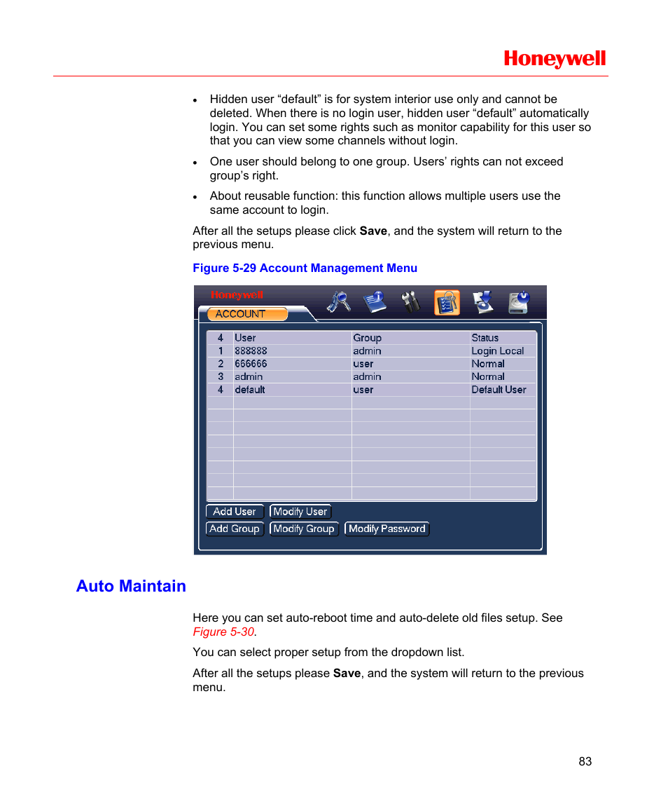 Auto maintain, Figure 5-29 account management menu, T. see | Figure 5-29, Honeywell | Honeywell HD-16DVR-C User Manual | Page 99 / 169