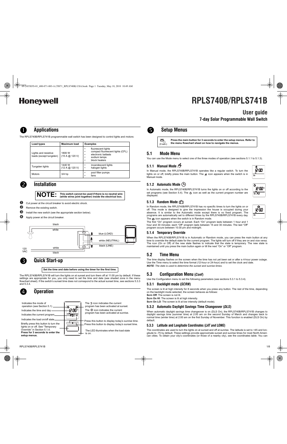 Honeywell RPLS740B User Manual | 8 pages