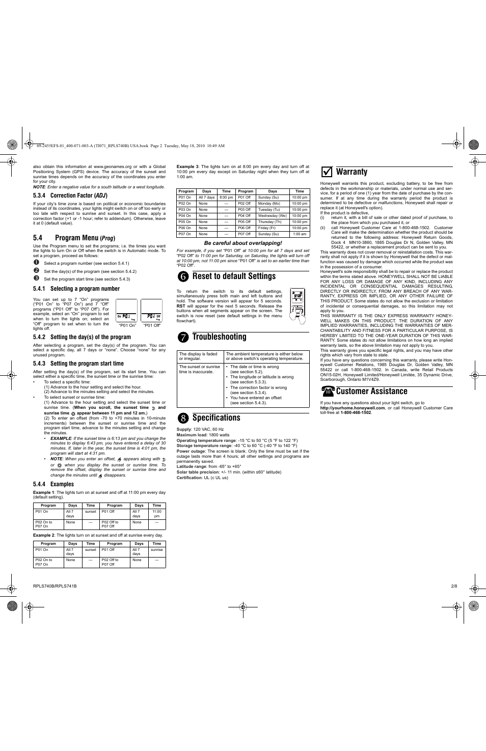 Reset to default settings, Troubleshooting, Specifications | Warranty, Customer assistance, 4 program menu | Honeywell RPLS740B User Manual | Page 2 / 8
