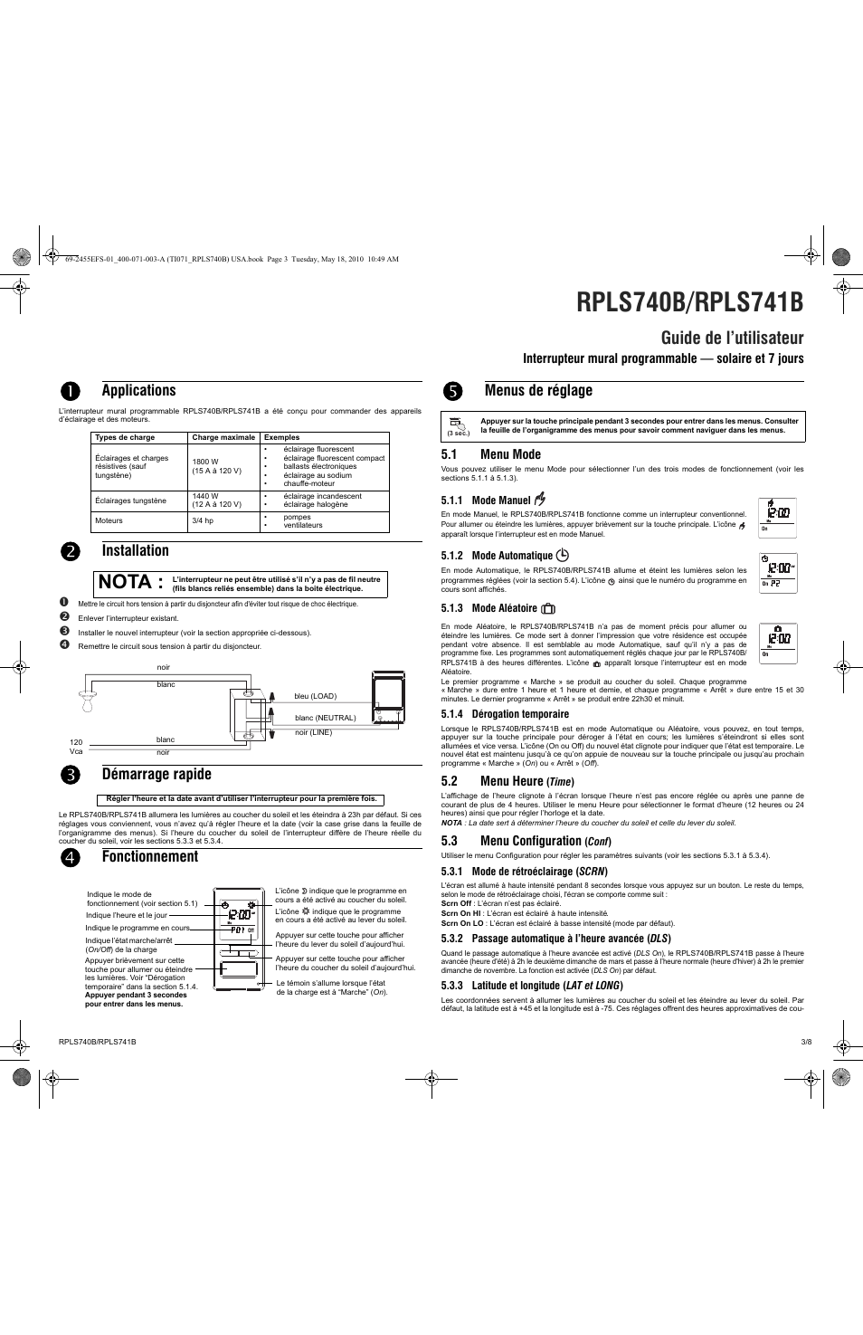 Nota, Guide de l’utilisateur, Applications | Installation, Démarrage rapide, Fonctionnement, Menus de réglage, 1 menu mode, 2 menu heure, 3 menu configuration | Honeywell RPLS740B User Manual | Page 3 / 8