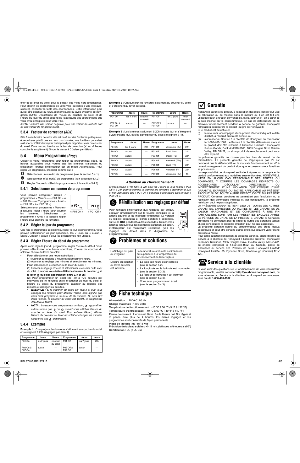 Réinitialisation aux réglages par défaut, Problèmes et solutions, Fiche technique | Garantie, Service à la clientèle, 4 menu programme | Honeywell RPLS740B User Manual | Page 4 / 8
