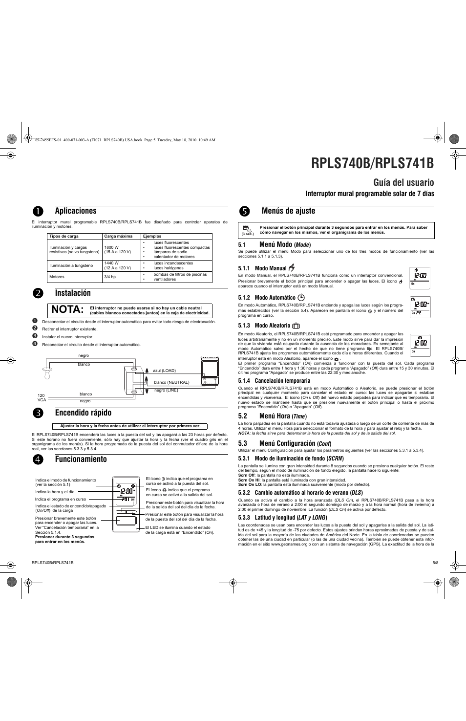 Nota, Guía del usuario, Aplicaciones | Instalación, Encendido rápido, Funcionamiento, Menús de ajuste, Menú modo, 2 menú hora, 3 menú configuración | Honeywell RPLS740B User Manual | Page 5 / 8