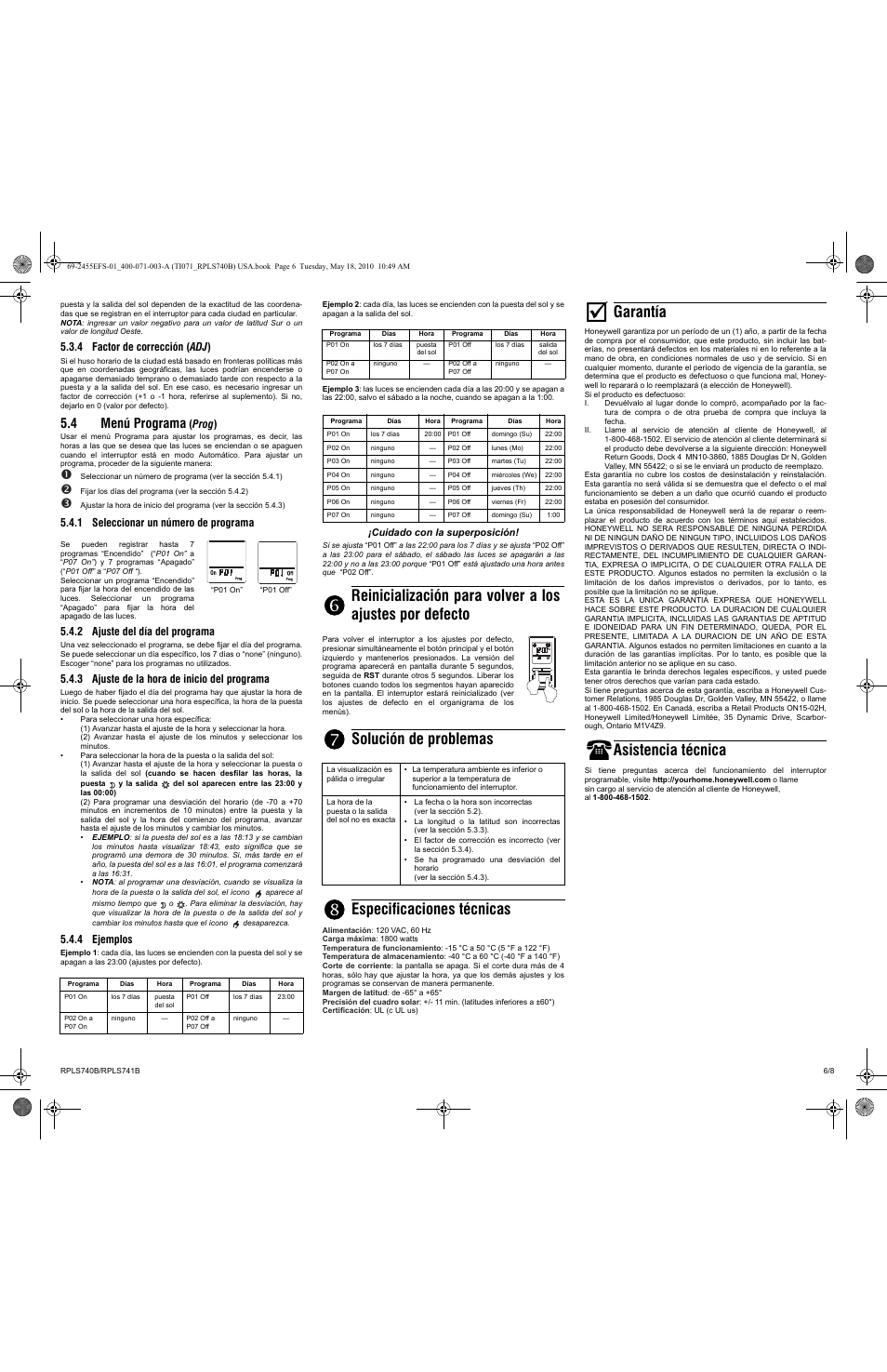 Solución de problemas, Especificaciones técnicas, Garantía | Asistencia técnica, 4 menú programa | Honeywell RPLS740B User Manual | Page 6 / 8