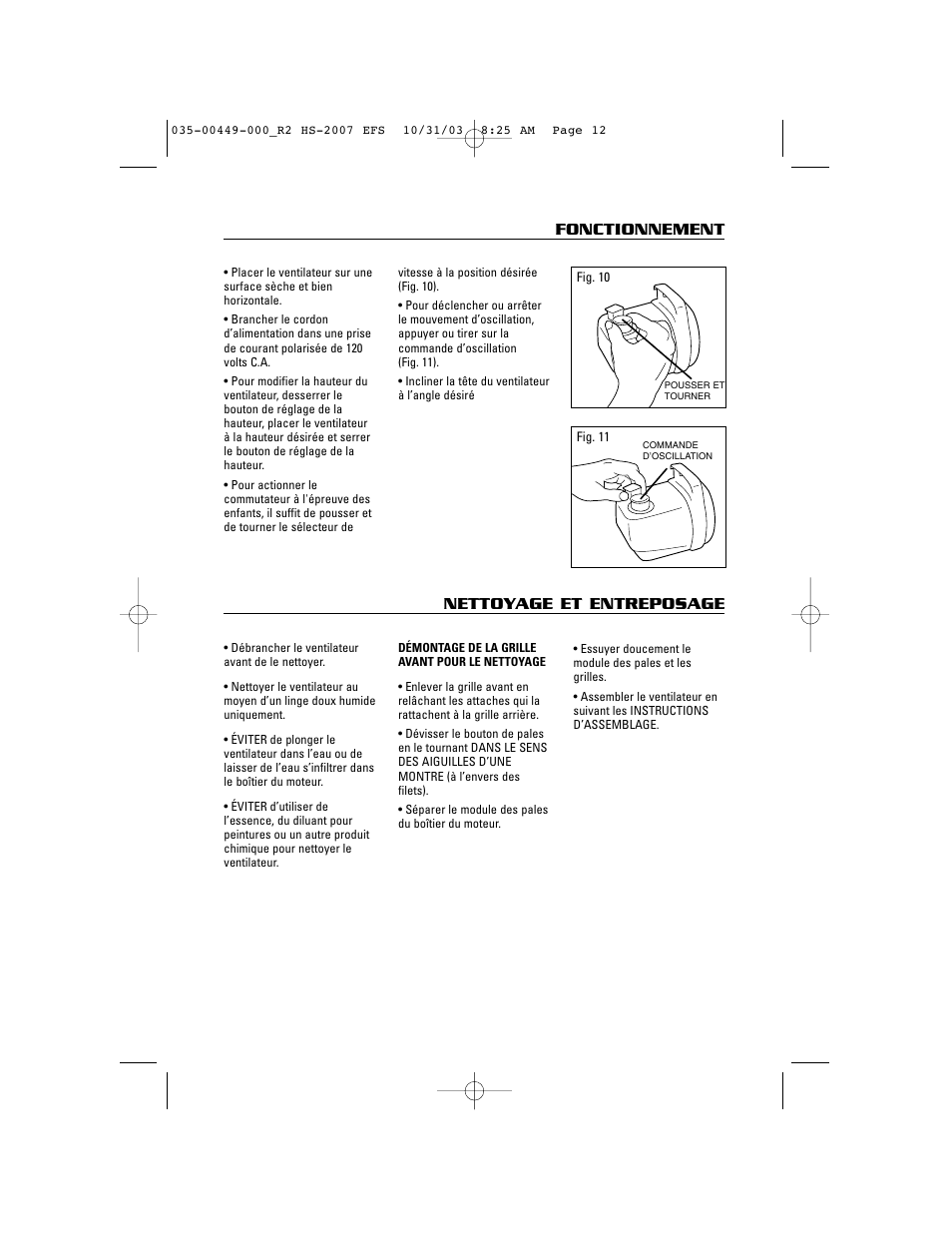 Fonctionnement, Nettoyage et entreposage | Honeywell HS-2007 Series User Manual | Page 12 / 21