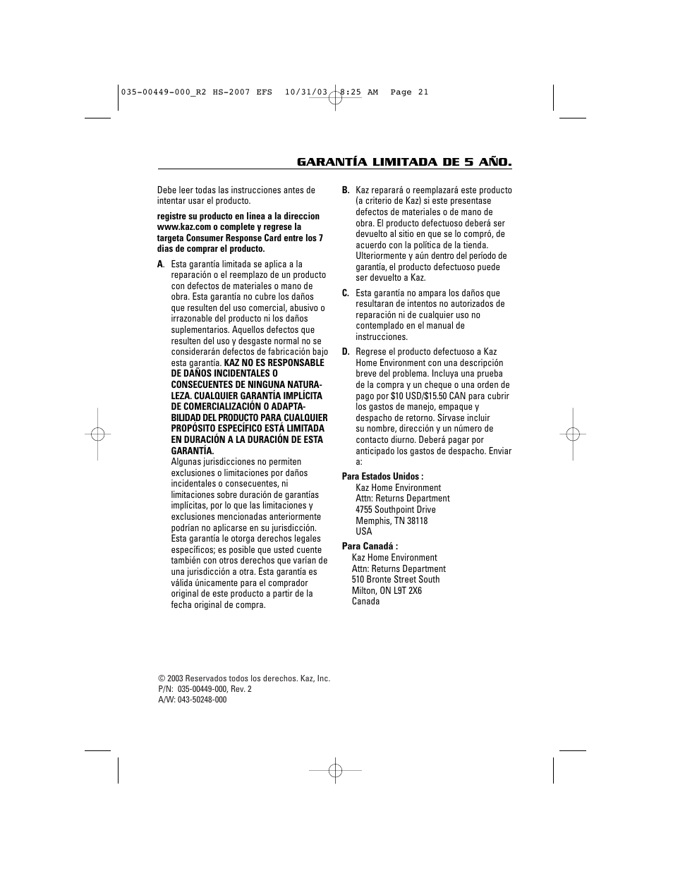 Honeywell HS-2007 Series User Manual | Page 21 / 21