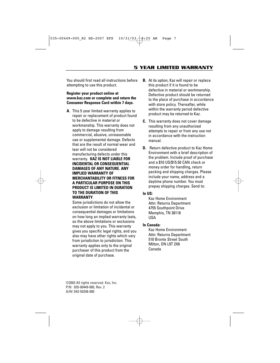 Honeywell HS-2007 Series User Manual | Page 7 / 21