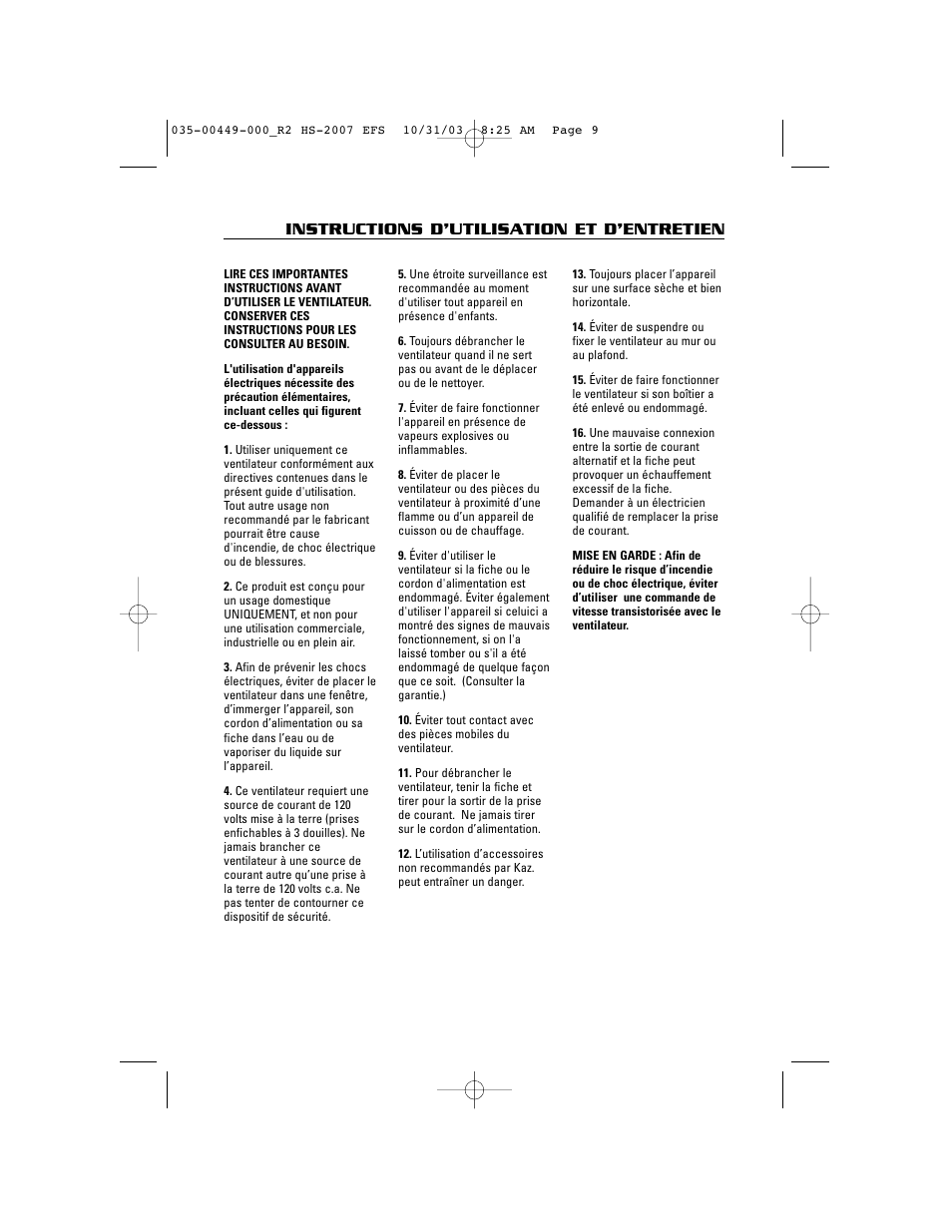 Instructions d’utilisation et d’entretien | Honeywell HS-2007 Series User Manual | Page 9 / 21