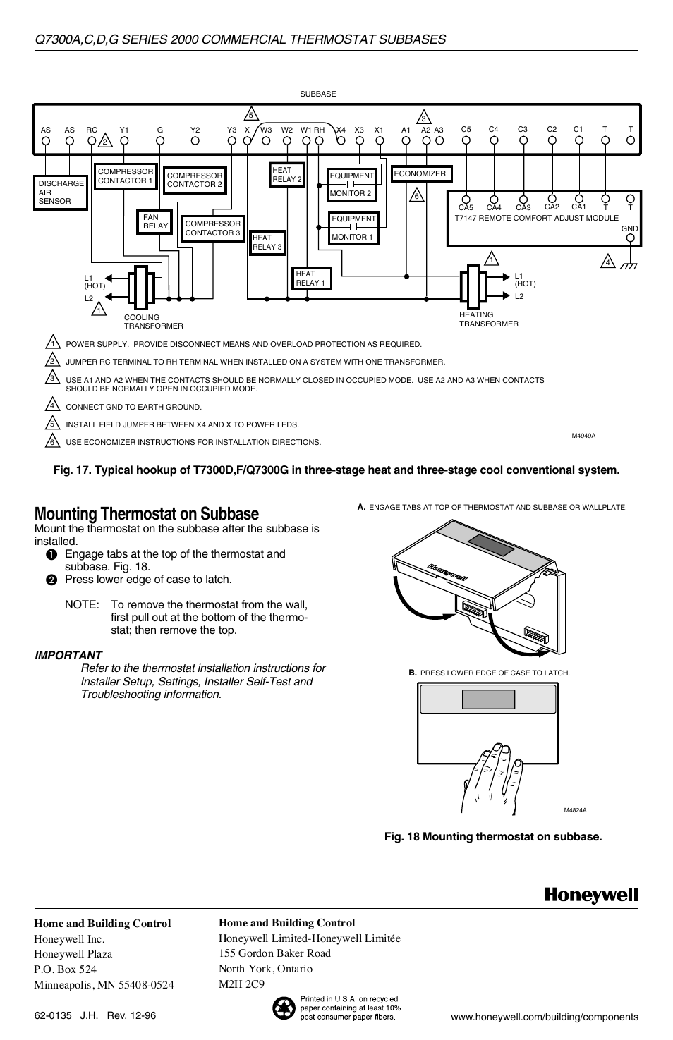 Mounting thermostat on subbase | Honeywell 2000 User Manual | Page 8 / 8