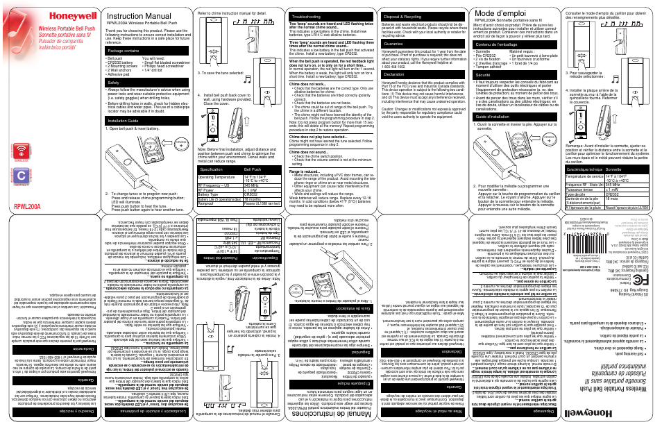 Honeywell RPWL200A User Manual | 1 page