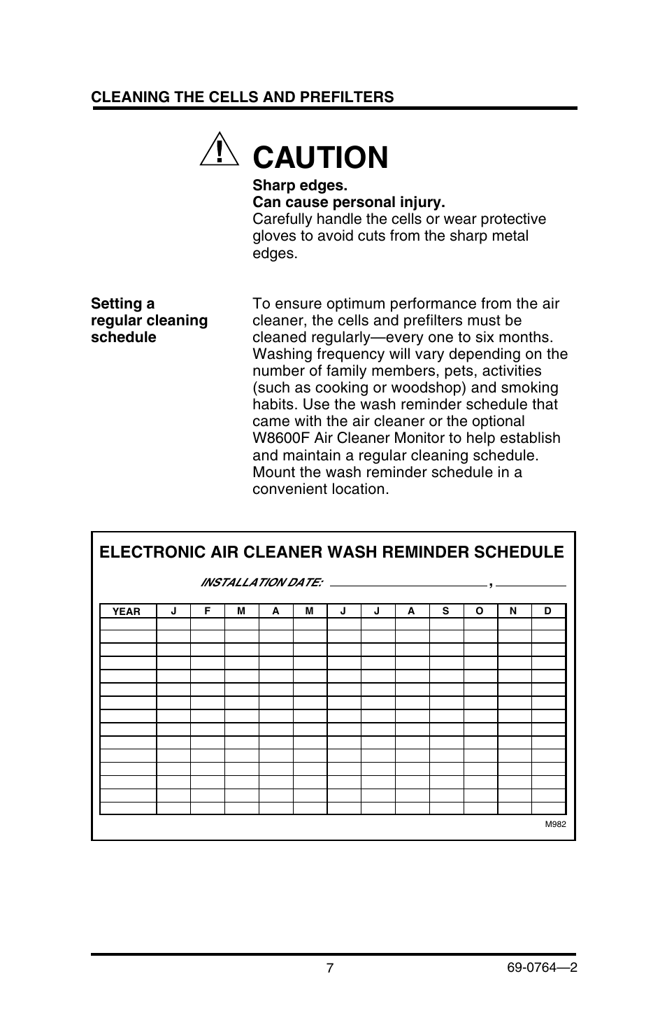 Caution, Electronic air cleaner wash reminder schedule | Honeywell F58F User Manual | Page 9 / 28