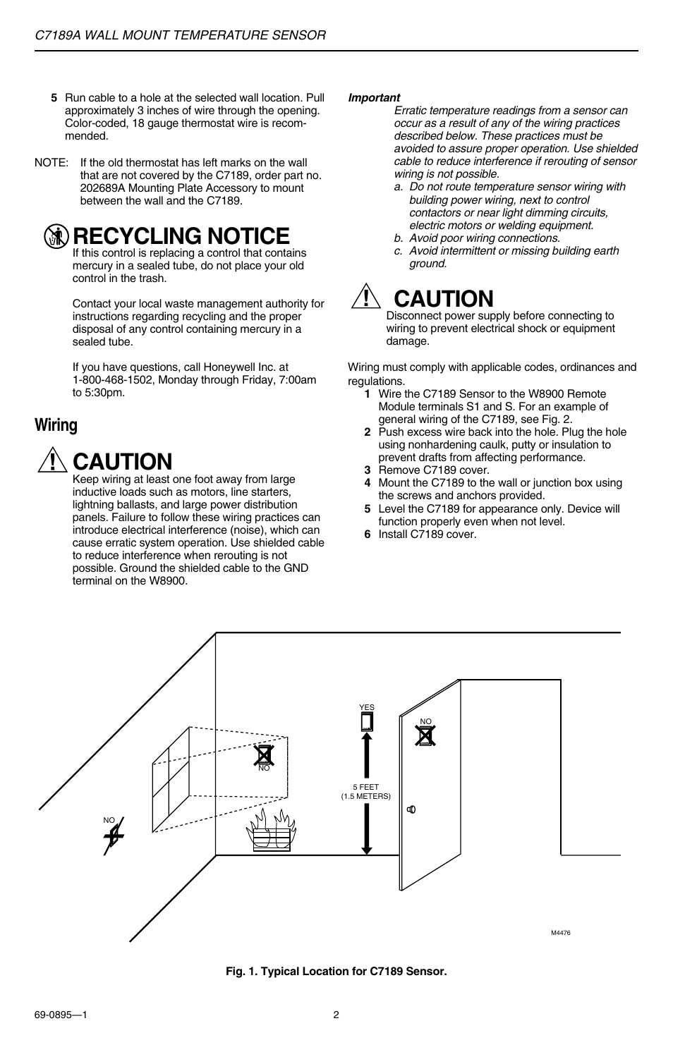 Recycling notice, Caution, Wiring | Honeywell C7189A User Manual | Page 2 / 4