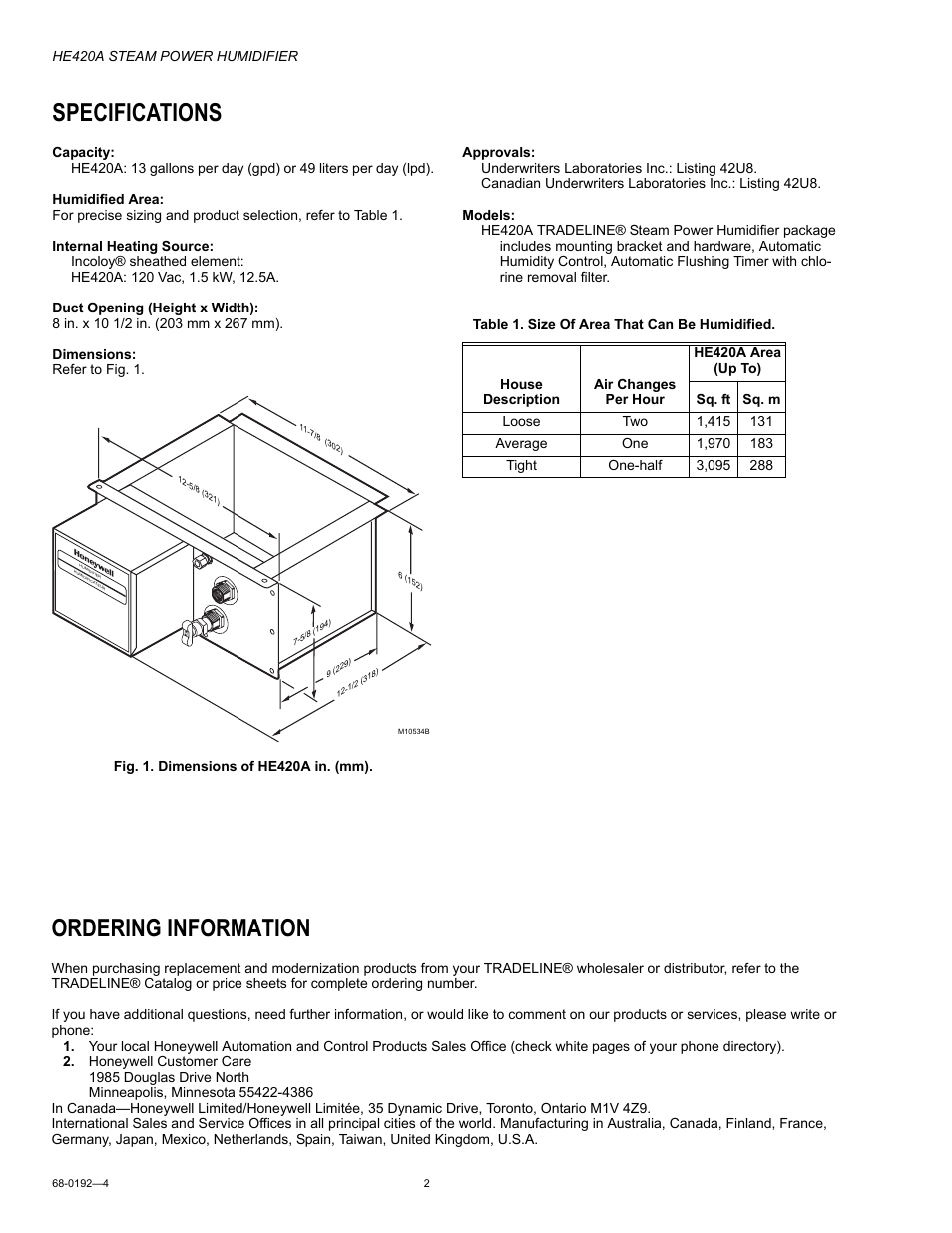 Specifications, Ordering information | Honeywell HE420A User Manual | Page 2 / 8