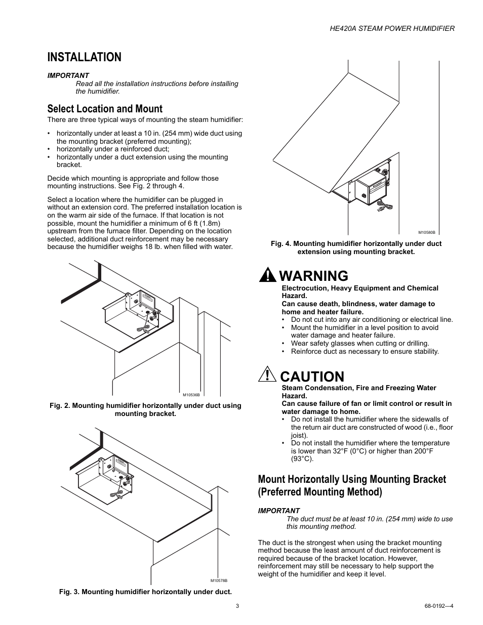 Installation, Select location and mount, Warning | Caution | Honeywell HE420A User Manual | Page 3 / 8