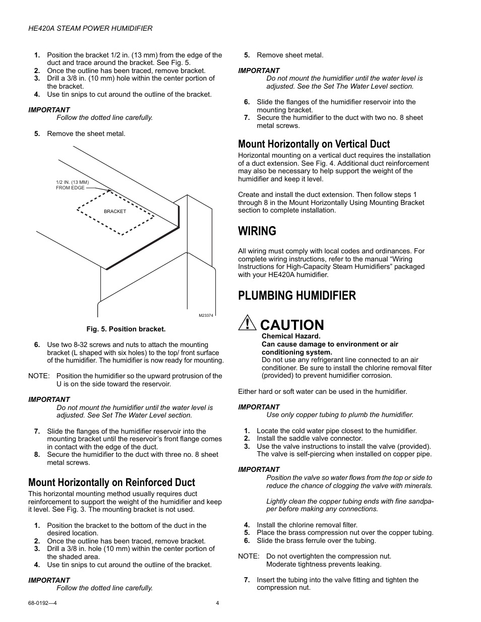 Mount horizontally on reinforced duct, Mount horizontally on vertical duct, Wiring | Plumbing humidifier, Caution | Honeywell HE420A User Manual | Page 4 / 8