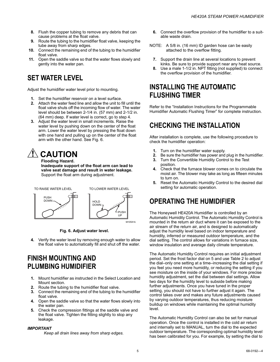 Set water level, Finish mounting and plumbing humidifier, Installing the automatic flushing timer | Checking the installation, Operating the humidifier, Caution | Honeywell HE420A User Manual | Page 5 / 8