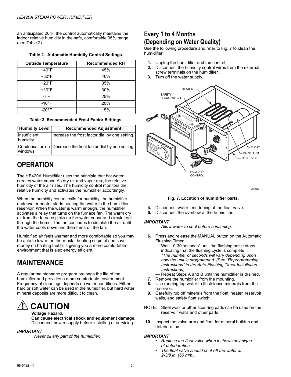Operation, Maintenance, Every 1 to 4 months (depending on water quality) | Caution | Honeywell HE420A User Manual | Page 6 / 8