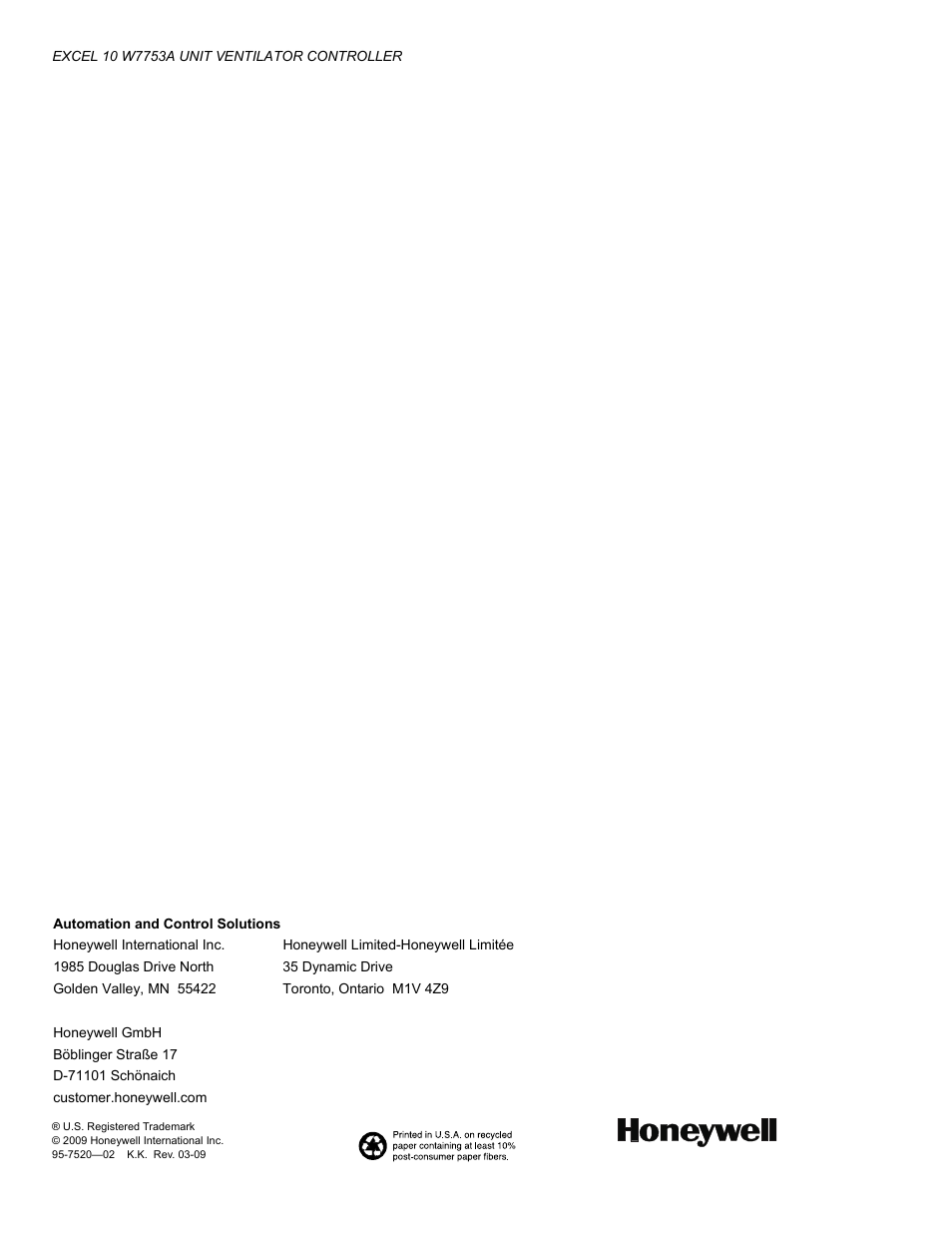 Honeywell EXCEL 10 W7753A User Manual | Page 12 / 12