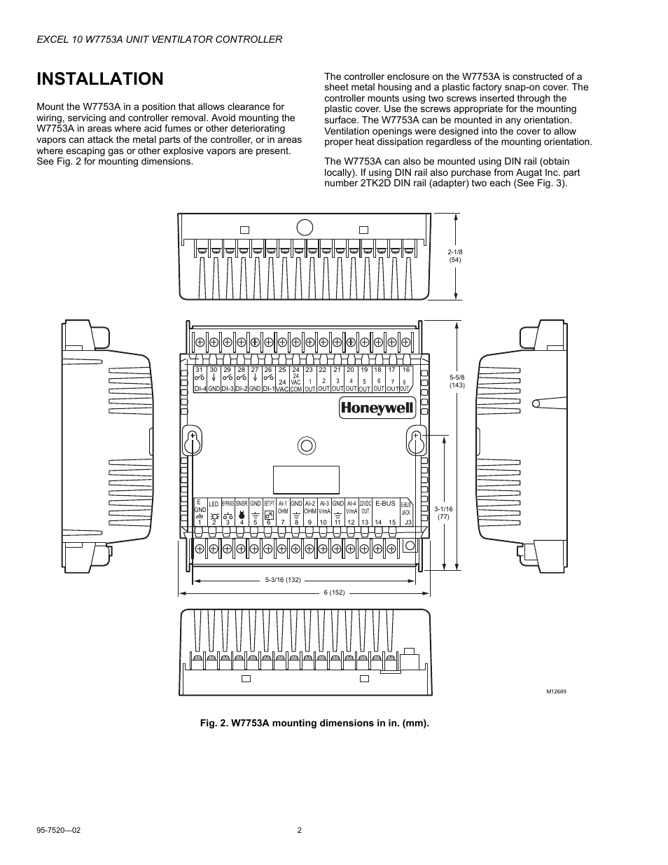 Installation | Honeywell EXCEL 10 W7753A User Manual | Page 2 / 12