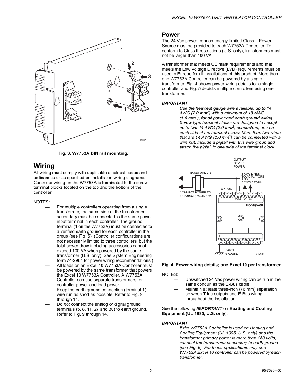 Wiring, Power | Honeywell EXCEL 10 W7753A User Manual | Page 3 / 12