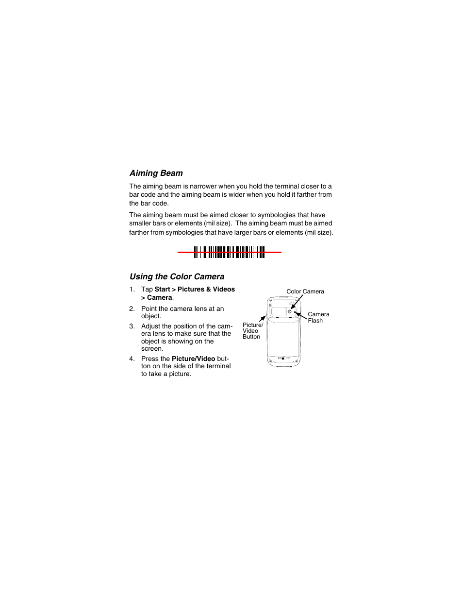 Aiming beam, Using the color camera | Honeywell DOLPHIN 6000-QS User Manual | Page 16 / 17