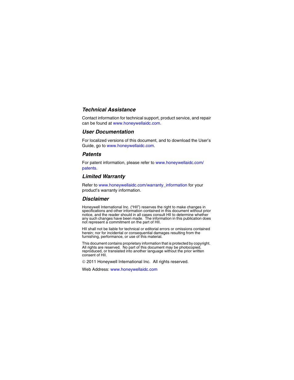 Technical assistance, User documentation, Patents | Limited warranty, Disclaimer | Honeywell DOLPHIN 6000-QS User Manual | Page 17 / 17