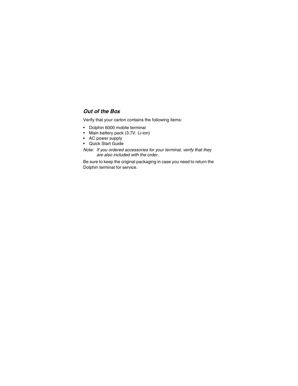 Out of the box | Honeywell DOLPHIN 6000-QS User Manual | Page 2 / 17