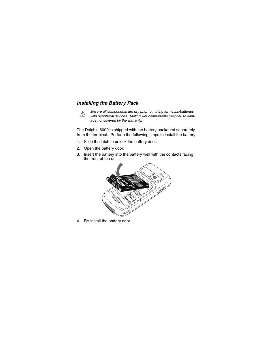 Installing the battery pack | Honeywell DOLPHIN 6000-QS User Manual | Page 6 / 17