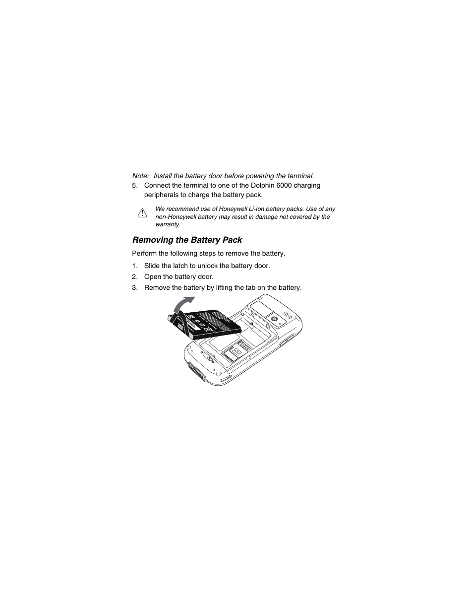 Removing the battery pack | Honeywell DOLPHIN 6000-QS User Manual | Page 7 / 17