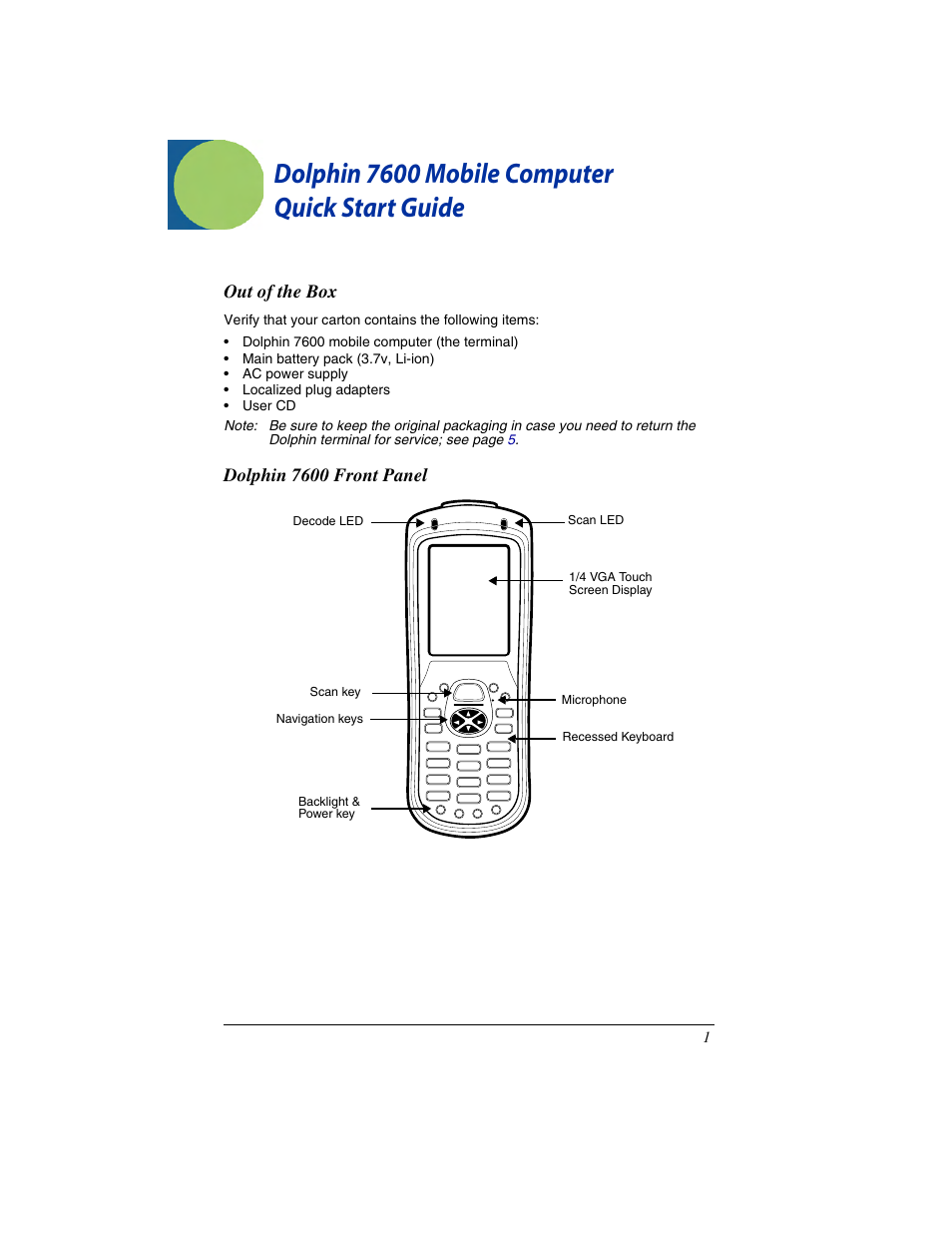 Out of the box, Dolphin 7600 front panel, Dolphin 7600 mobile computer quick start guide | Honeywell Dolphin 7600 Series User Manual | Page 3 / 12