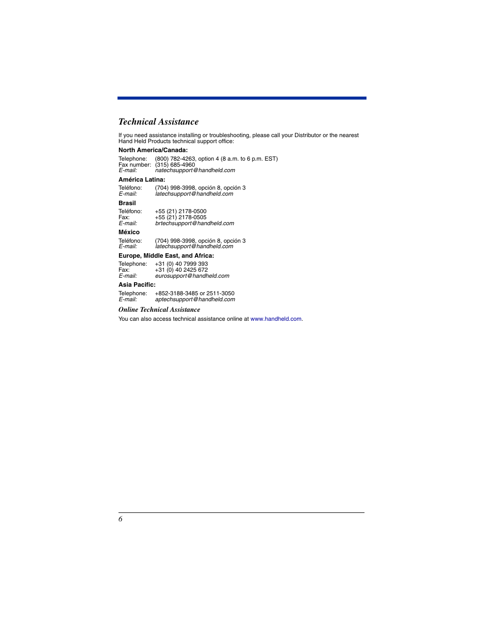 Technical assistance | Honeywell Dolphin 7600 Series User Manual | Page 8 / 12