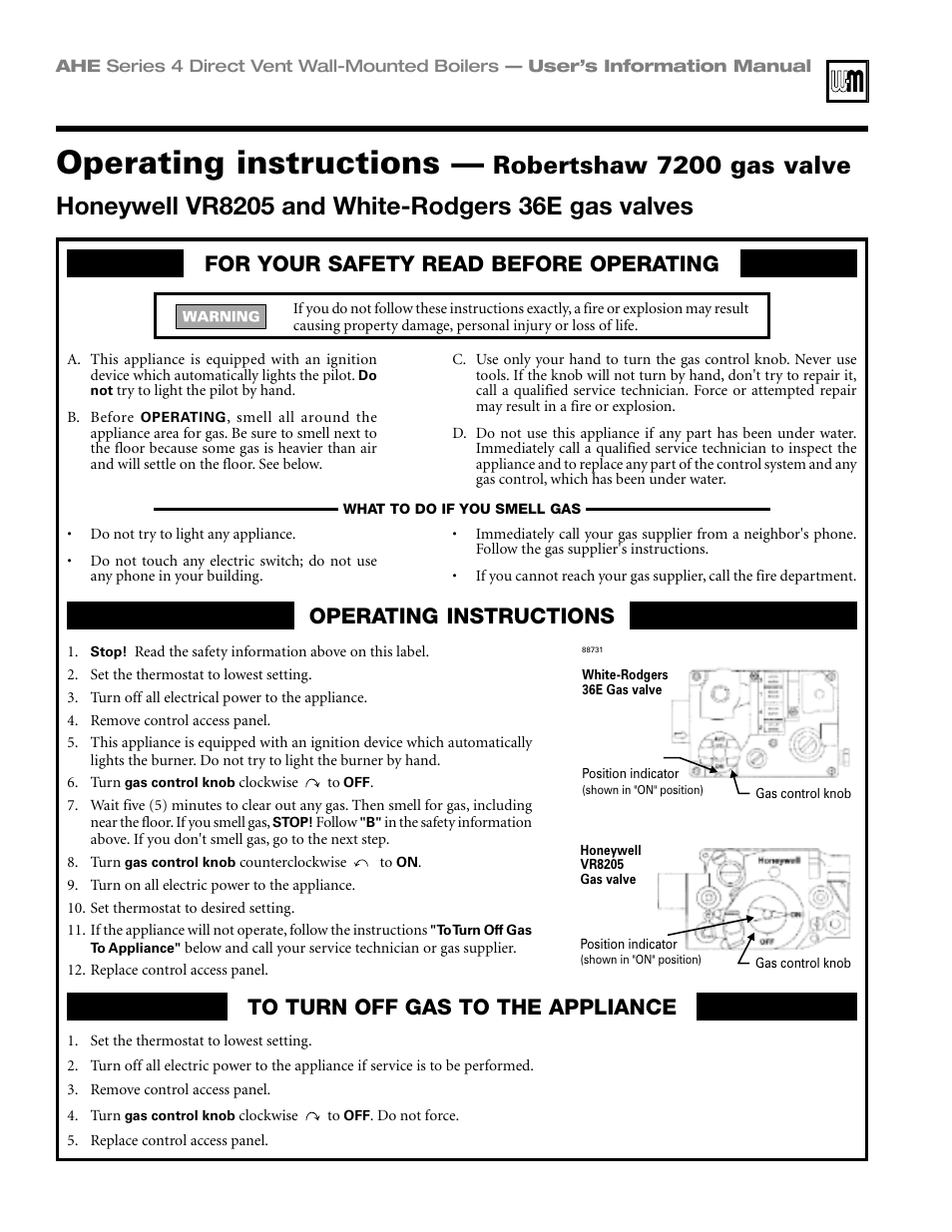 Operating instructions, Robertshaw 7200 gas valve | Honeywell Series 4 User Manual | Page 10 / 12