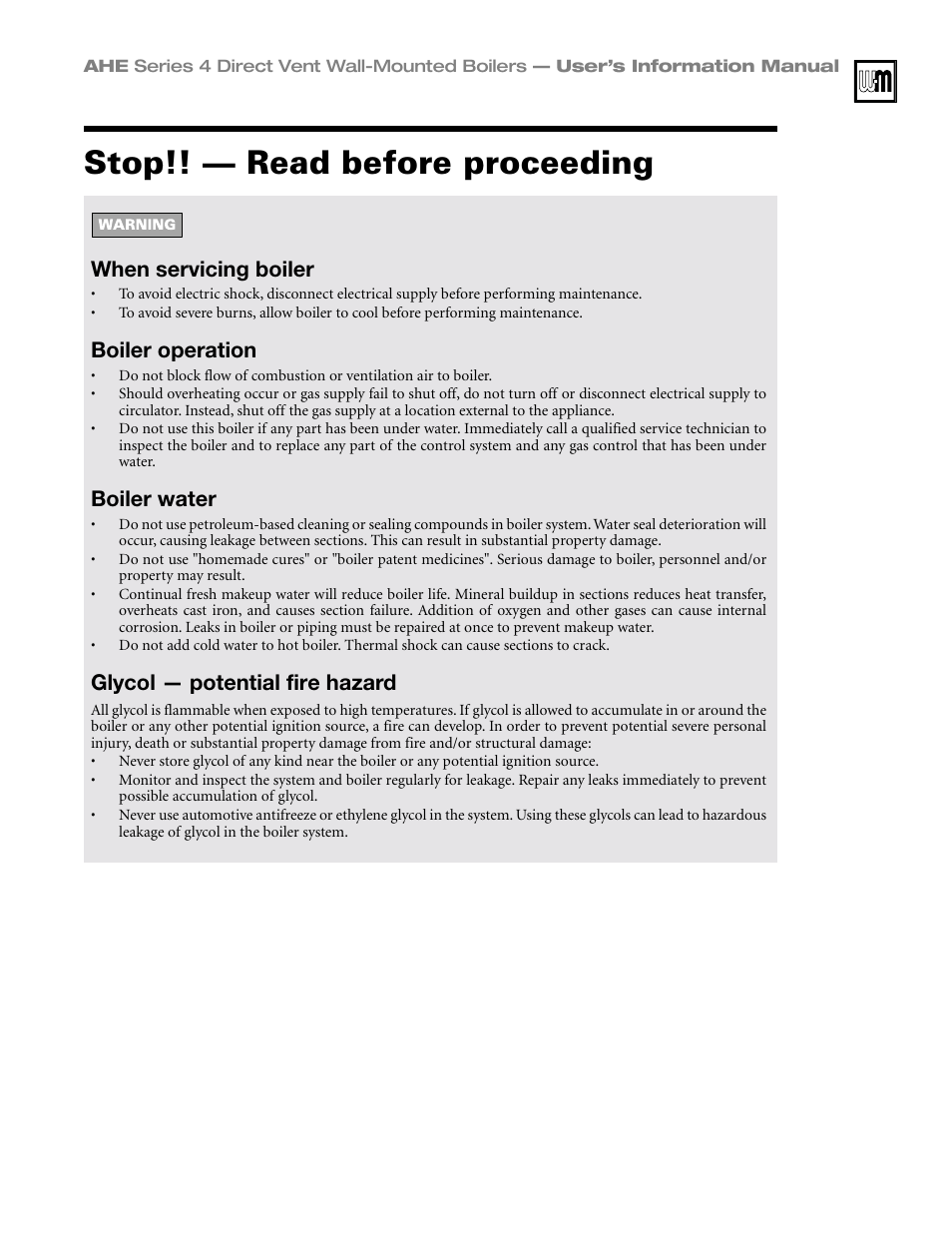 Stop!! — read before proceeding, When servicing boiler, Boiler operation | Boiler water, Glycol — potential fire hazard | Honeywell Series 4 User Manual | Page 3 / 12