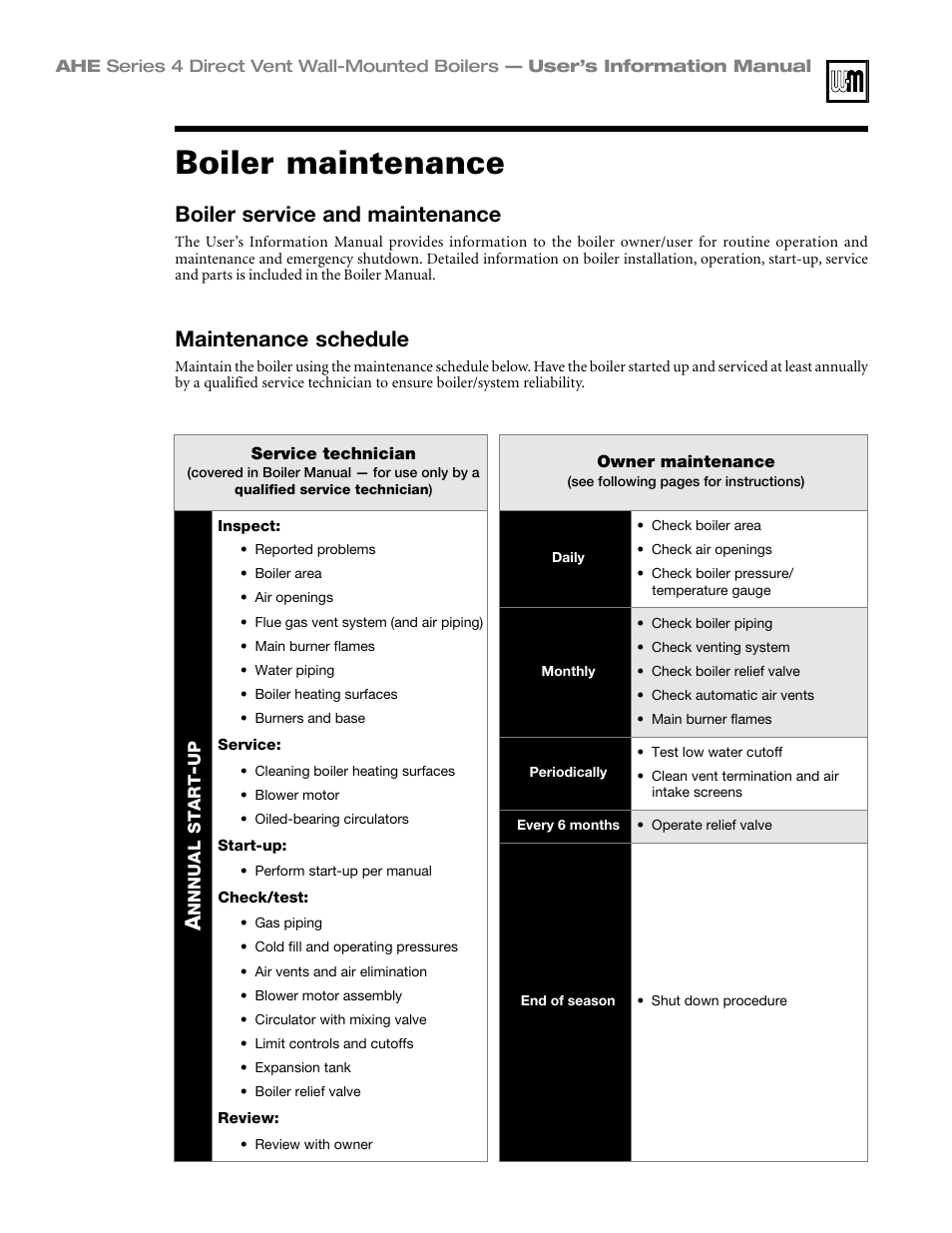 Boiler maintenance, Boiler service and maintenance, Maintenance schedule | Honeywell Series 4 User Manual | Page 4 / 12