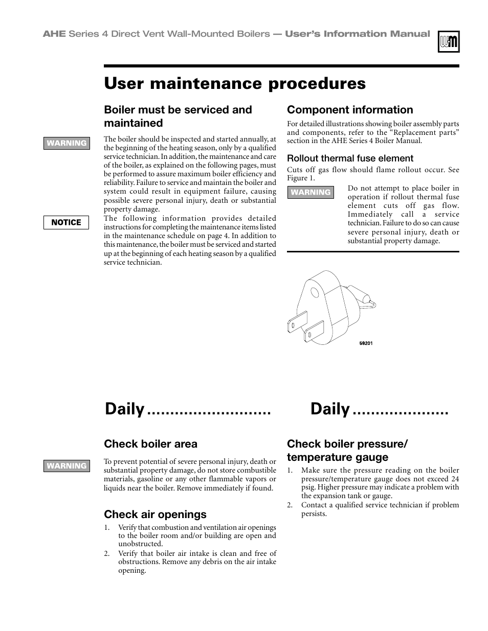 User maintenance procedures -8, User maintenance procedures, Daily ........................... ❑ daily | Honeywell Series 4 User Manual | Page 5 / 12