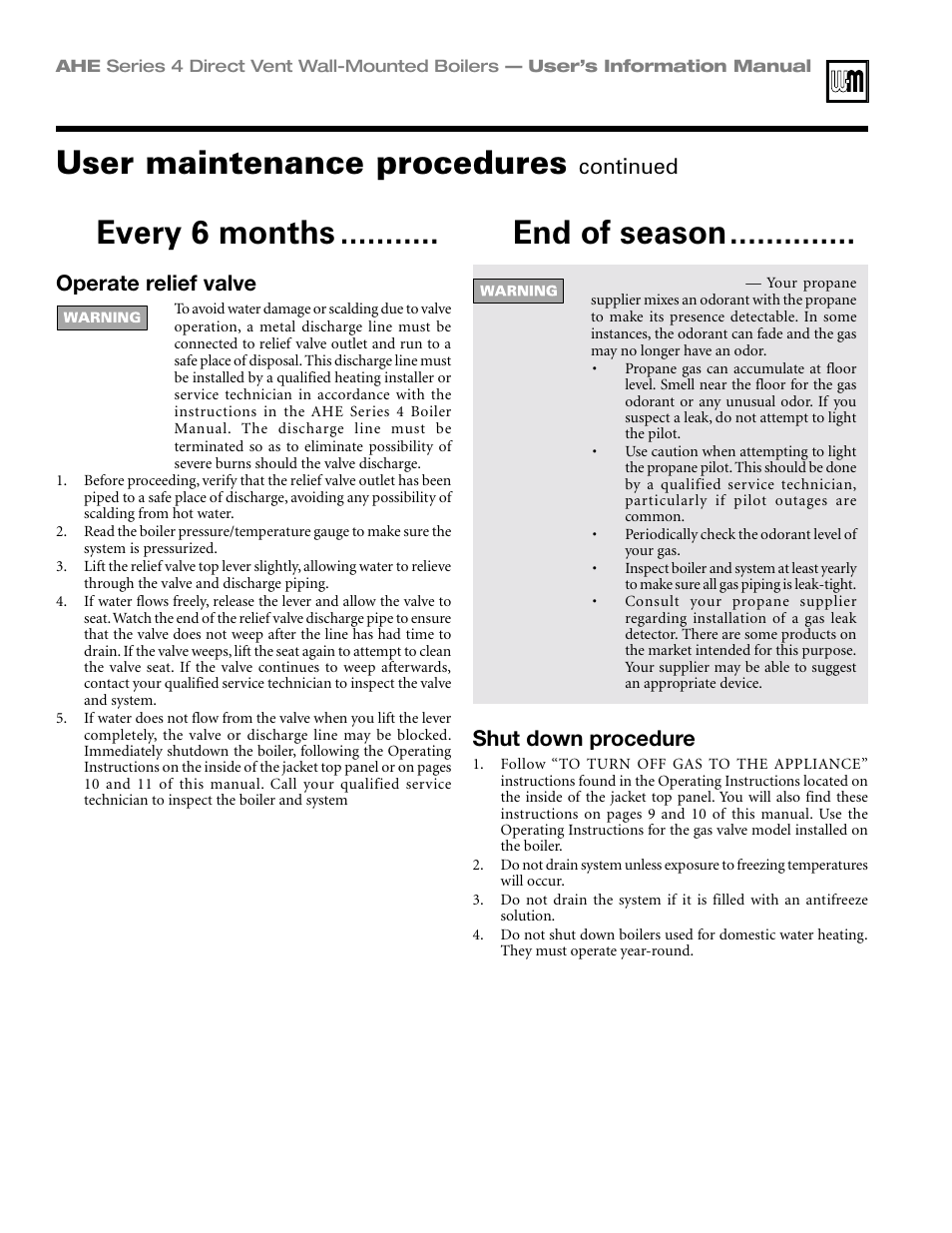 User maintenance procedures, Every 6 months ........... ❑ end of season, Continued operate relief valve | Shut down procedure | Honeywell Series 4 User Manual | Page 8 / 12