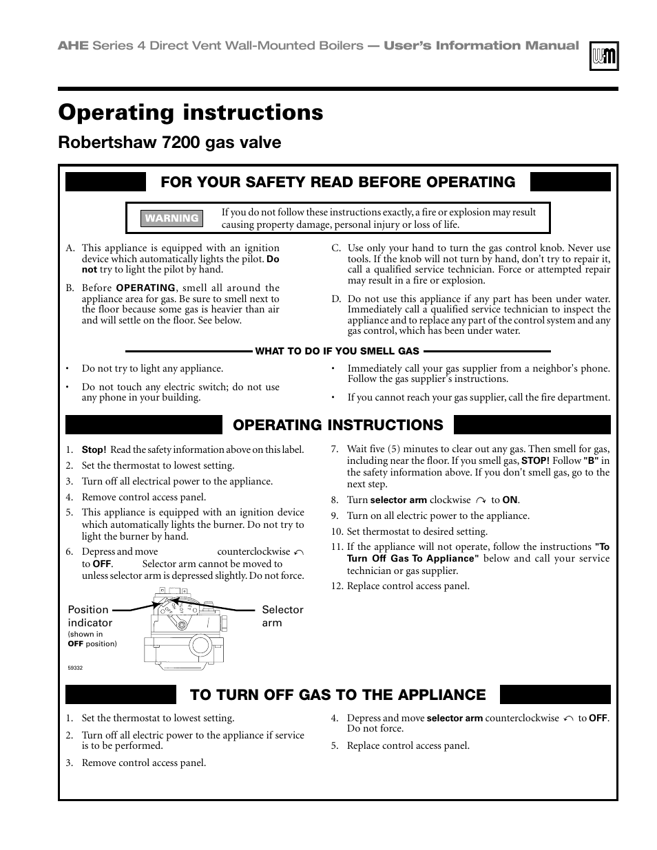 Operating instructions — robertshaw 7200, Operating instructions, Robertshaw 7200 gas valve | Honeywell Series 4 User Manual | Page 9 / 12