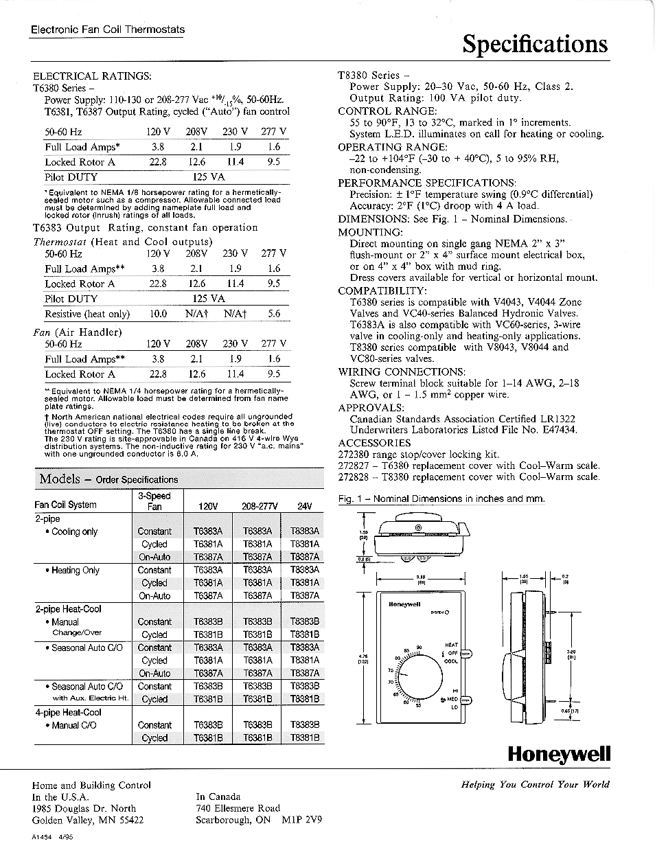 Honeywell, Specifications, Models | Honeywell Electronic Fan Coil T6380 User Manual | Page 2 / 2