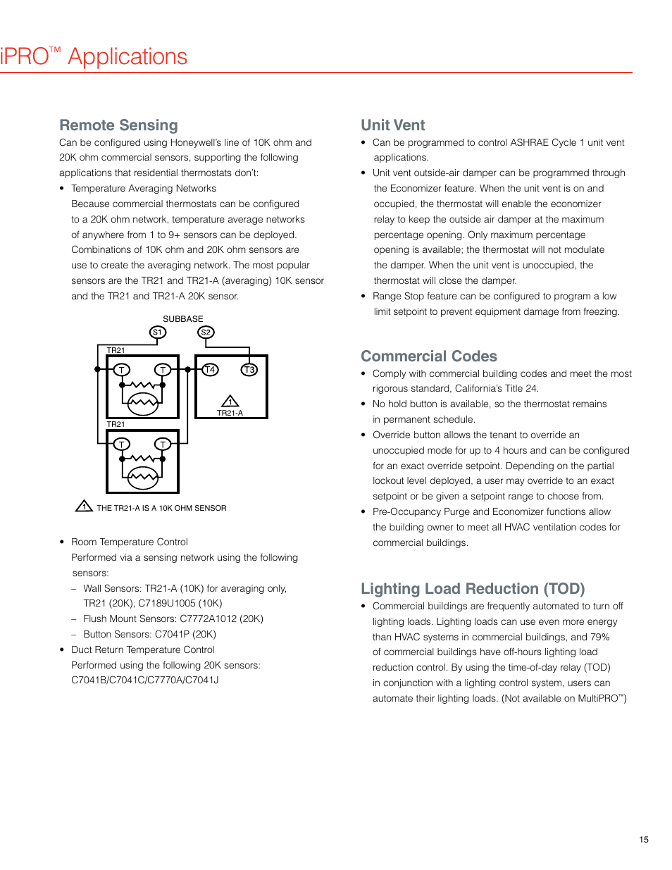 Commercial visionpro, 8000, commercial pro, 7000 and multipro | Applications, Remote sensing, Unit vent, Commercial codes, Lighting load reduction (tod) | Honeywell 7351F User Manual | Page 11 / 20