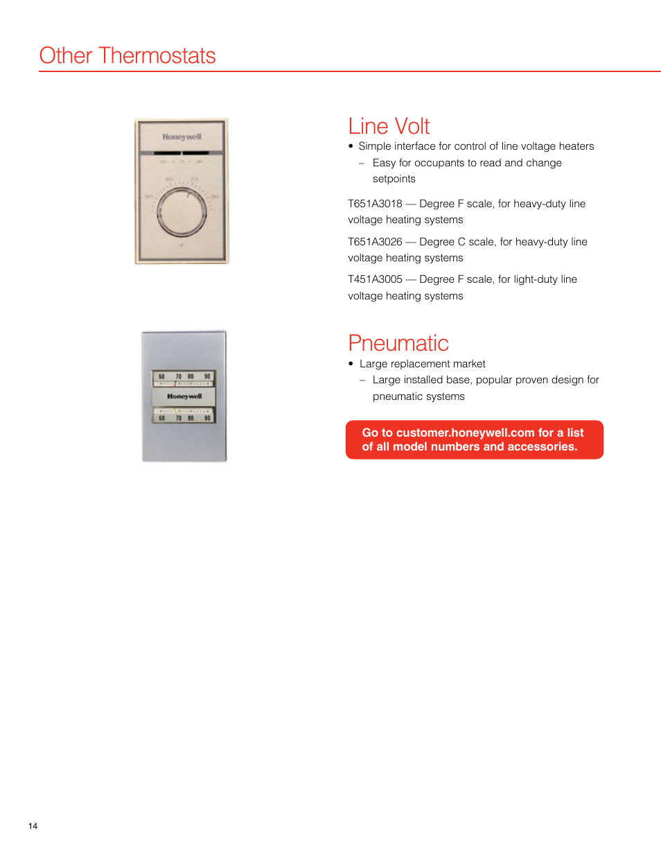 Line volt, Pneumatic, Other thermostats | Honeywell 7351F User Manual | Page 14 / 20