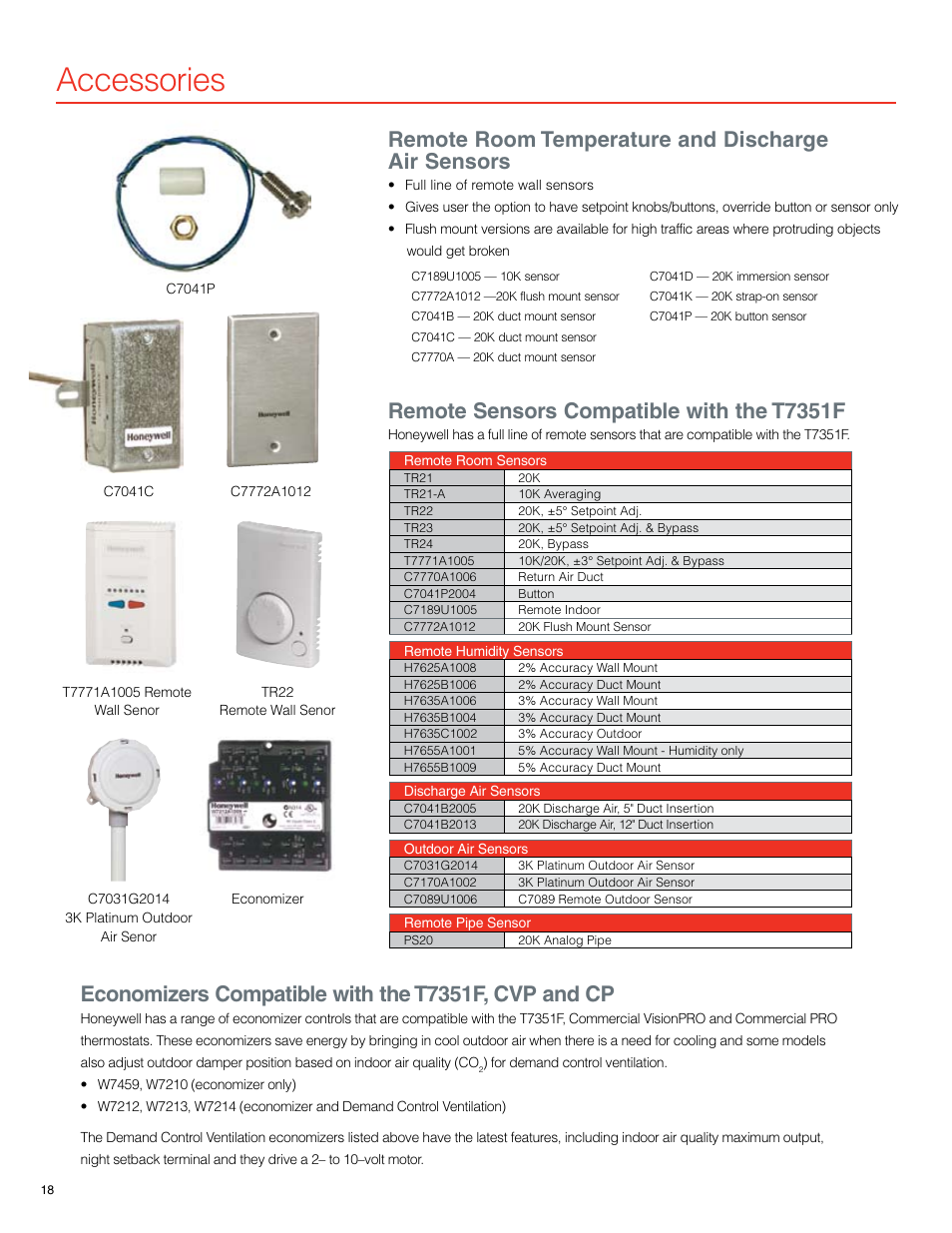 Accessories, Remote room temperature and discharge air sensors, Economizers compatible with the t7351f, cvp and cp | Remote sensors compatible with the t7351f | Honeywell 7351F User Manual | Page 18 / 20