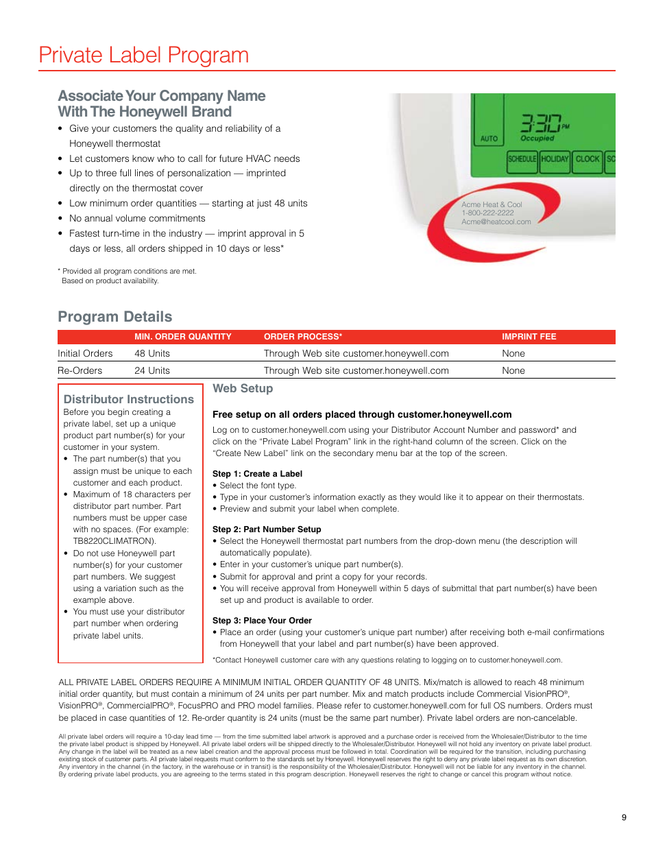 Private label program, Program details, Distributor instructions | Web setup | Honeywell 7351F User Manual | Page 9 / 20