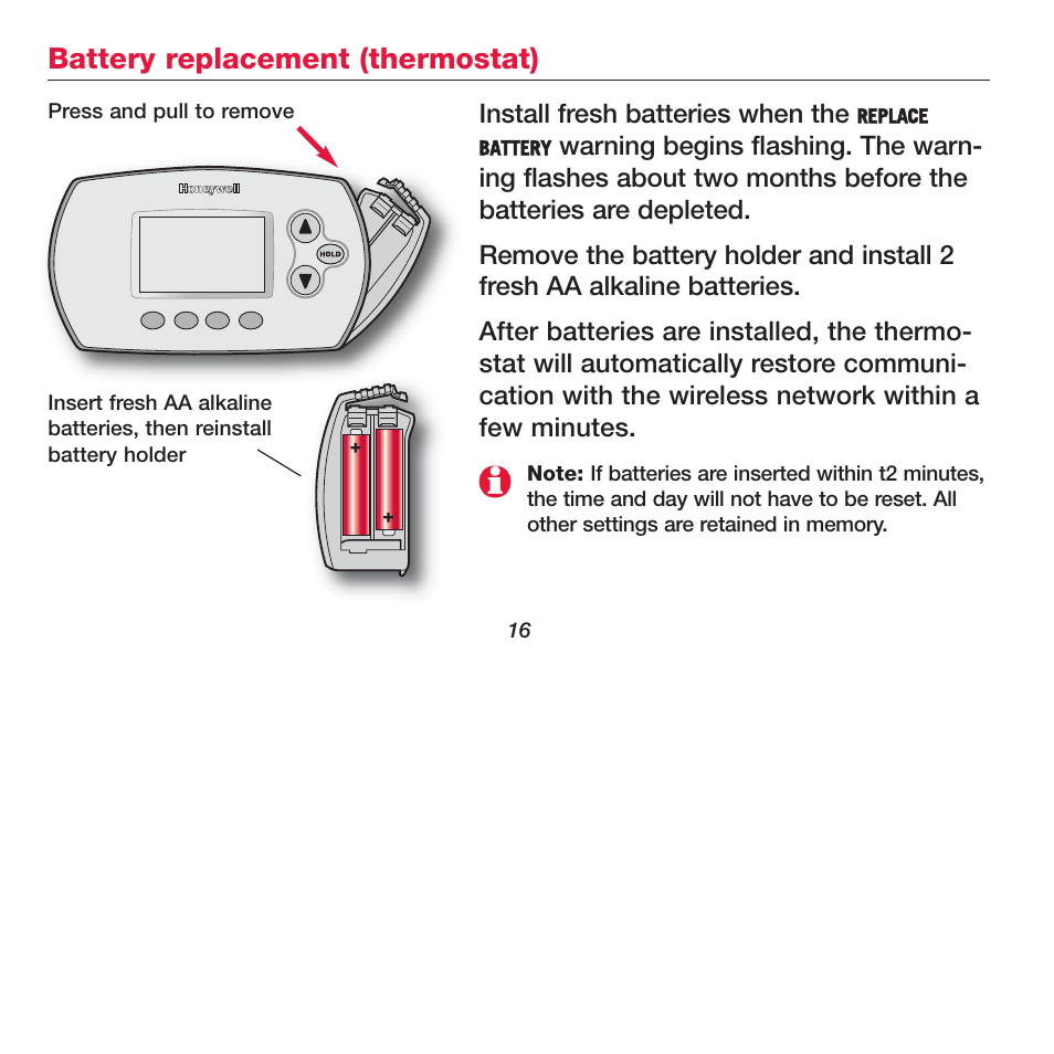 Battery replacement (thermostat) | Honeywell FOCUSPRO TH6320R User Manual | Page 18 / 64