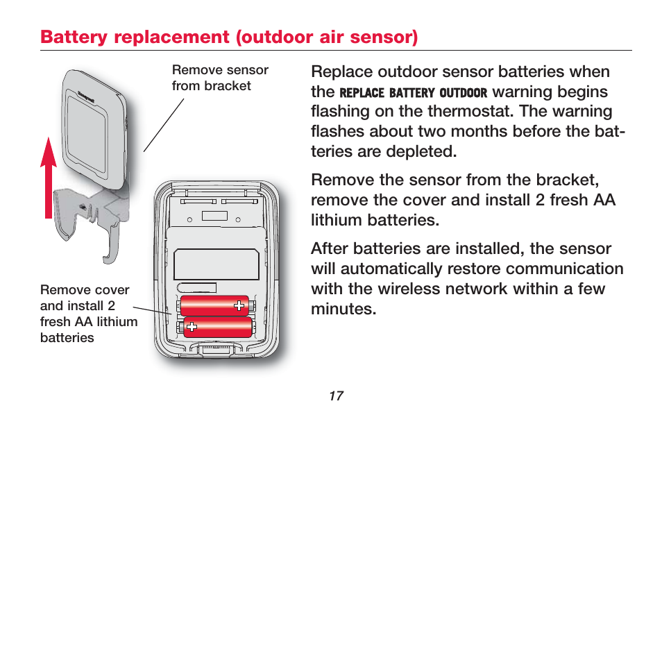 Battery replacement (outdoor air sensor) | Honeywell FOCUSPRO TH6320R User Manual | Page 19 / 64