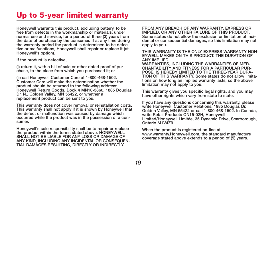 Up to 5-year limited warranty | Honeywell FOCUSPRO TH6320R User Manual | Page 21 / 64